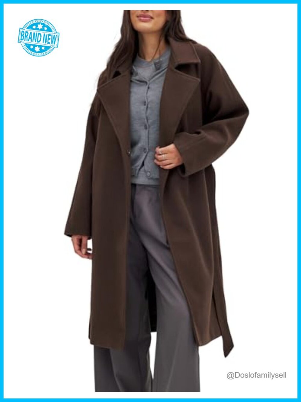 Wool Blend Belted Trench Coat Women Knee Length Loose Fit Peacoat